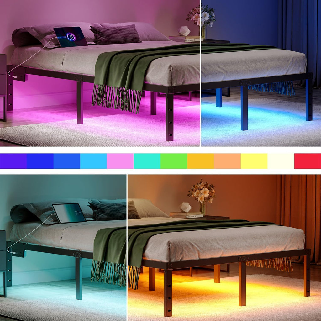 HAVONIZD King Bed Frame with LED Lights & Charging Station - 14 Inch Heavy Duty Metal Platform Bed Frame No Box Spring Needed, Easy Assembly, No Noise