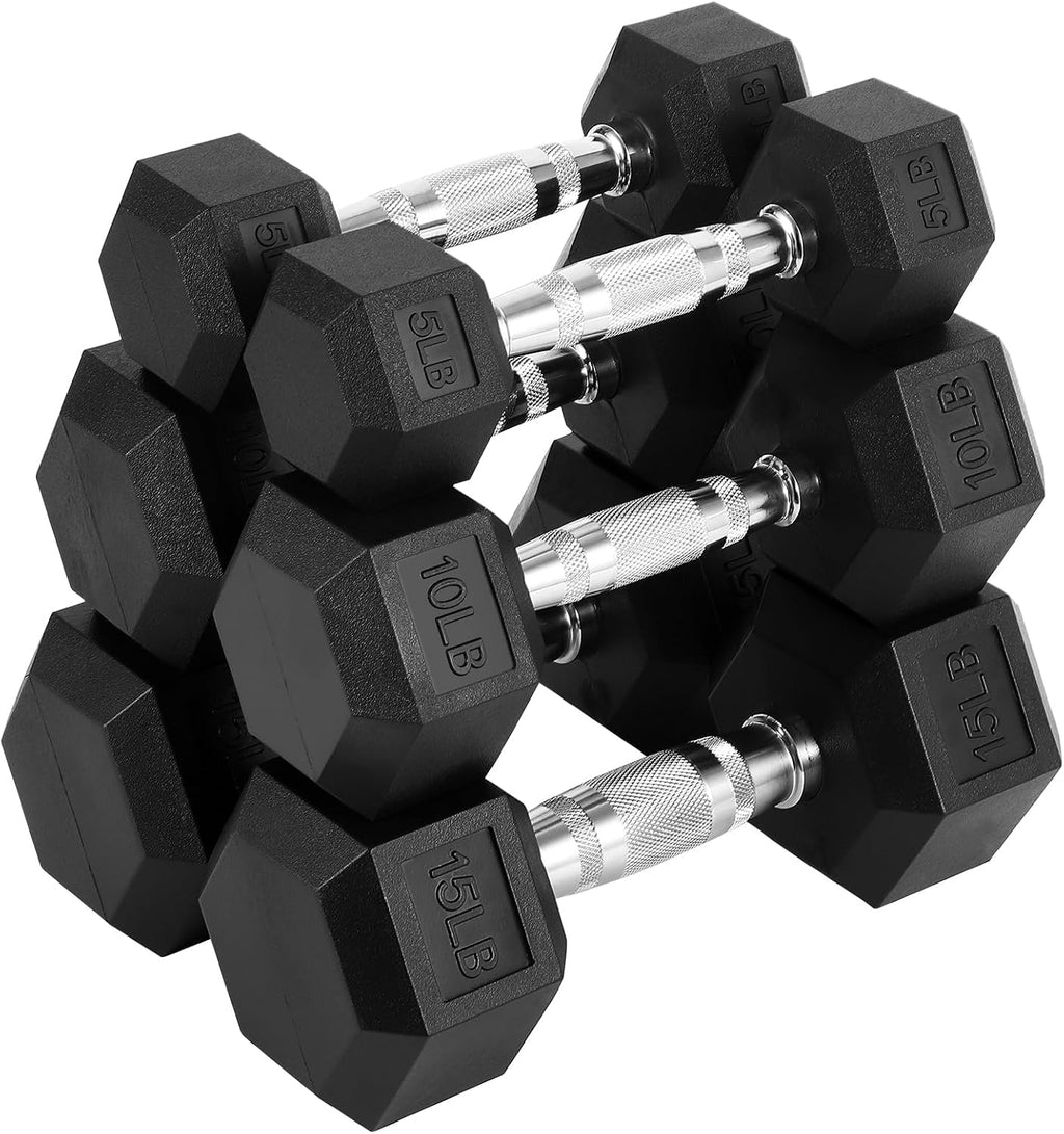 Hex Dumbbell Set, Rubber Encased Exercise & Fitness Dumbbells for Home Gym, Hand Weights for Strength Training, in Multiple Weights