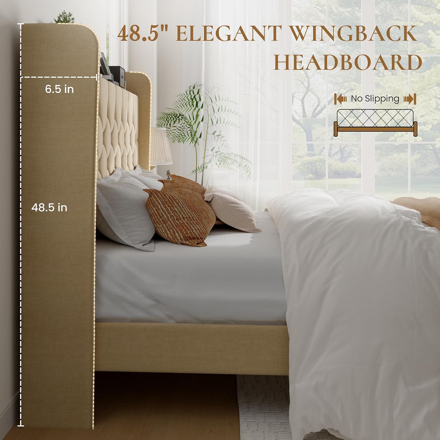 SHA CERLIN Full Size Platform Bed Frame with Charging Station, Linen Wingback Headboard with Storage Shelf, Wooden Slats Support, Ample Under-Bed Space, No Box Spring Needed, Easy Assembly, Beige