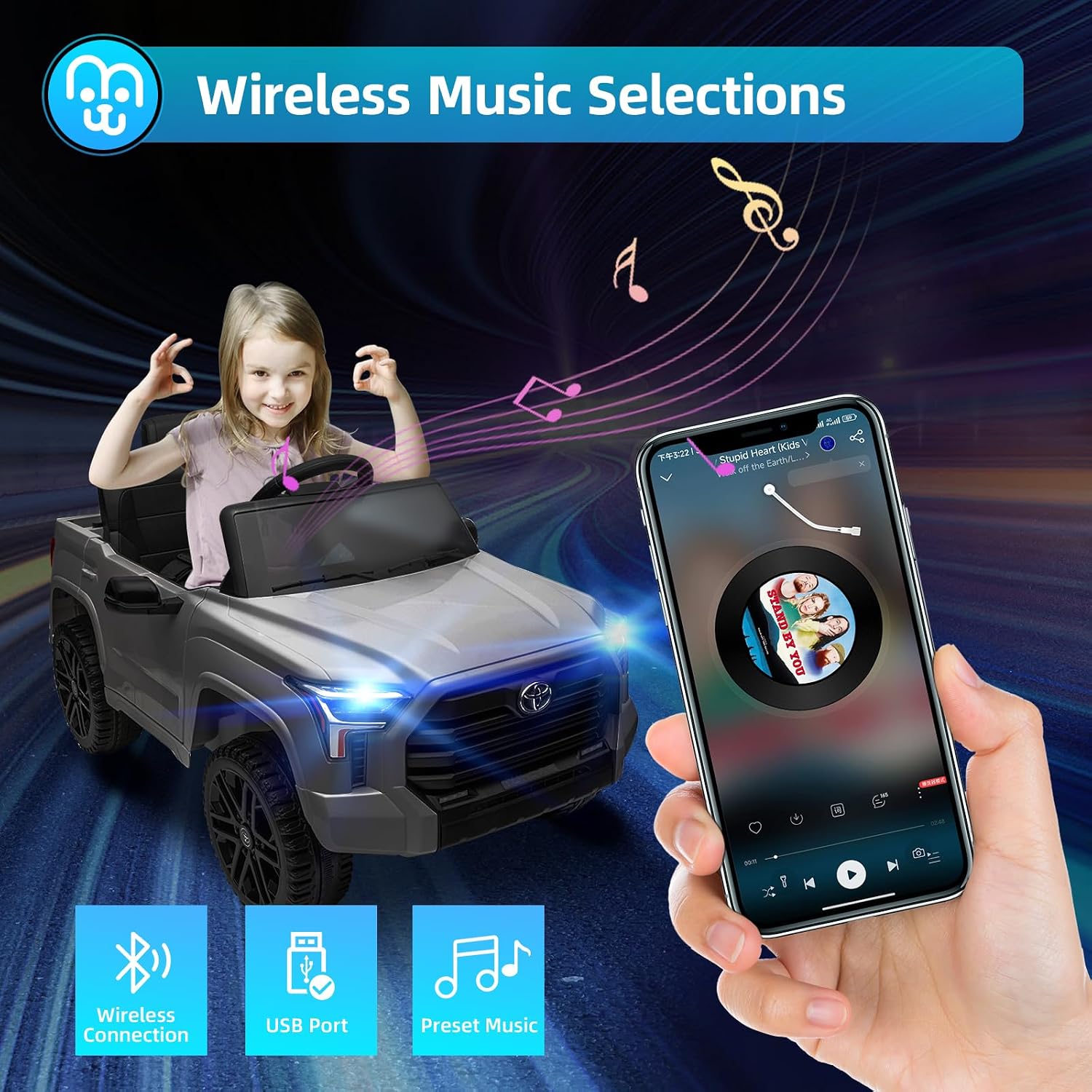 MINIATURE MOTORS Licensed Toyota Tundra Kids Ride on Truck Car Remote Control 12V 7Ah Battery Electric Car for Toddlers Trunk Bluetooth Music Player 4 Wheel Full Suspension Gift for Boys Girls-Grey