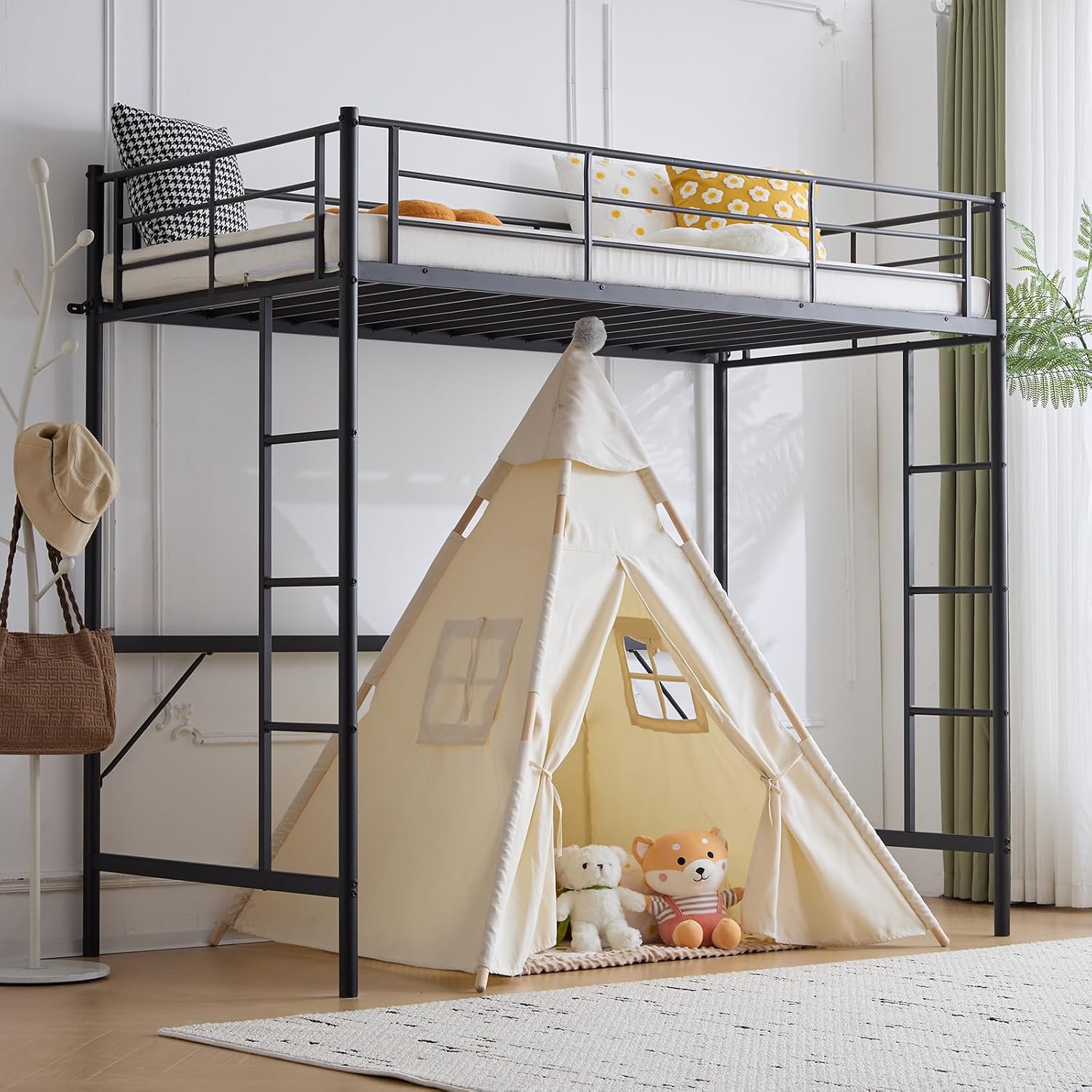 VINGLI Full Size Loft Bed Kids Loft with 2 Stairs Design,Space-Saving Double Bed for Teens, Adults, Heavy Duty Metal Square Slat, No Box Spring Needed,Black