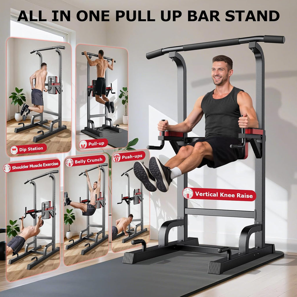 Pooboo Power Tower Dip Station Pull Up Bar for Fitness Home Gym Workout,450 Pounds Multi-Function Adjustable Height Fitness Strength Training Exercise Equipment,with Power Elastic Ropes