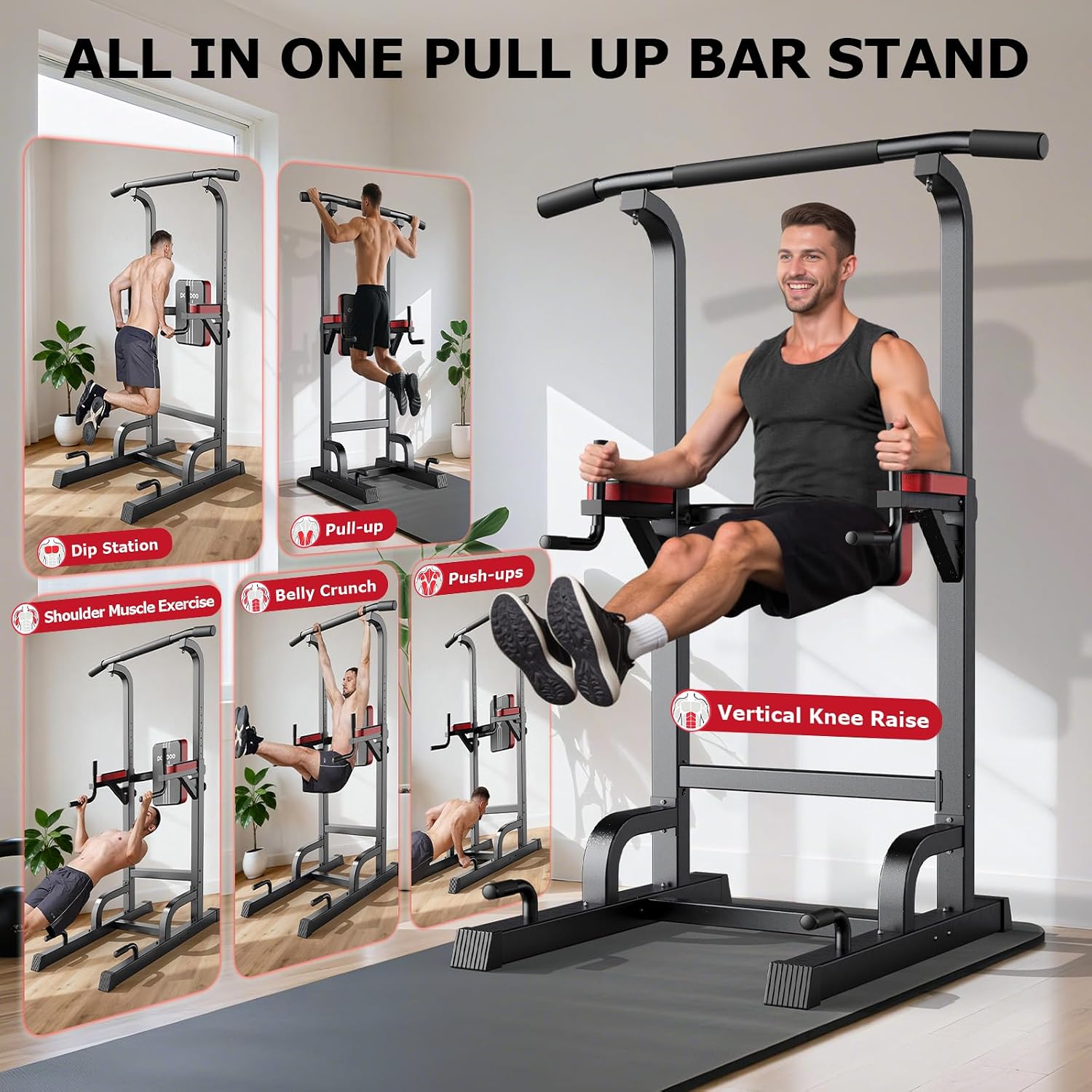 Pooboo Power Tower Dip Station Pull Up Bar for Fitness Home Gym Workout,450 Pounds Multi-Function Adjustable Height Fitness Strength Training Exercise Equipment,with Power Elastic Ropes