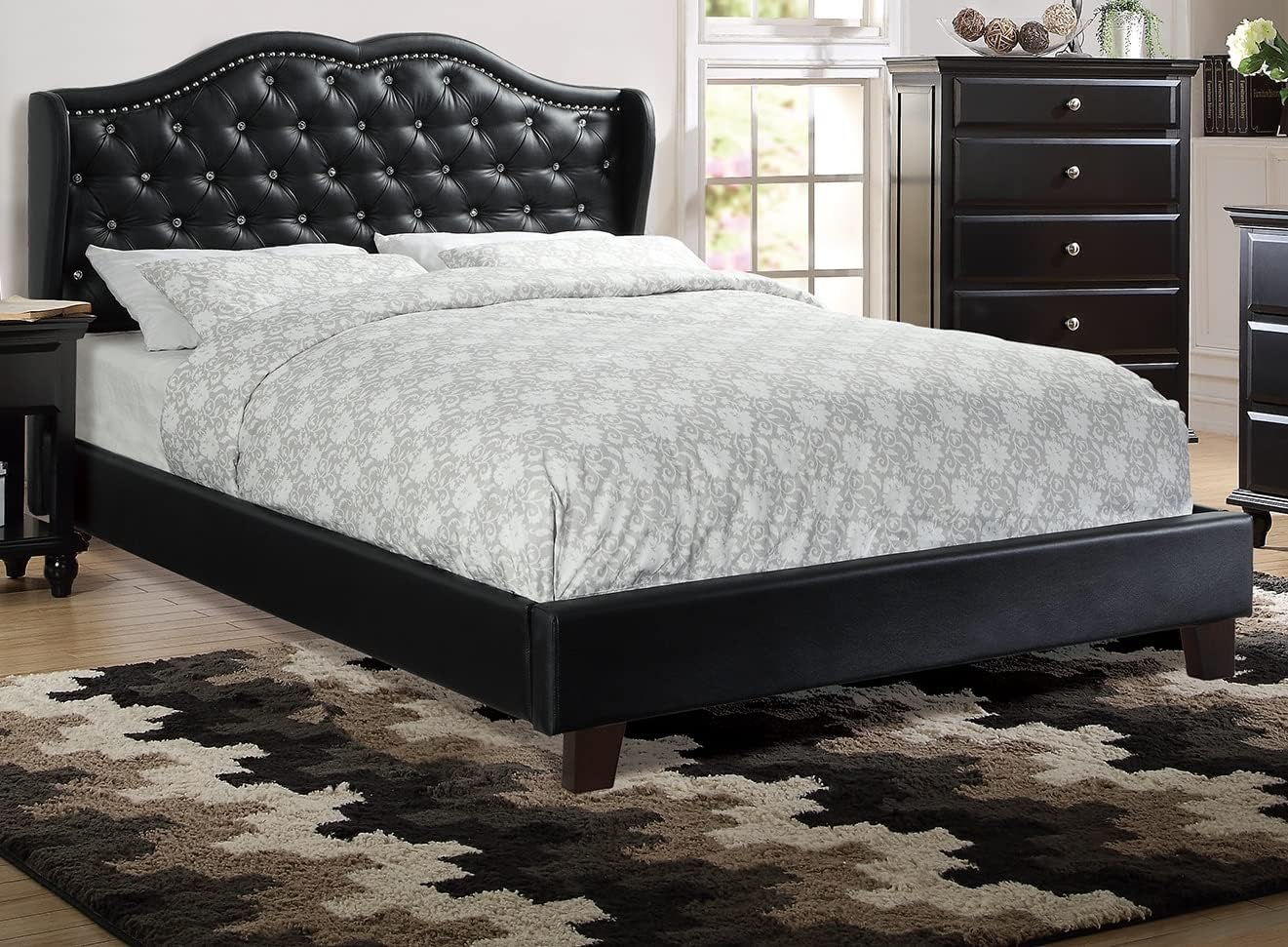 1pc King Size Bed Set Curved Headboard Button Tufted Upholstered Bedroom Furniture Black