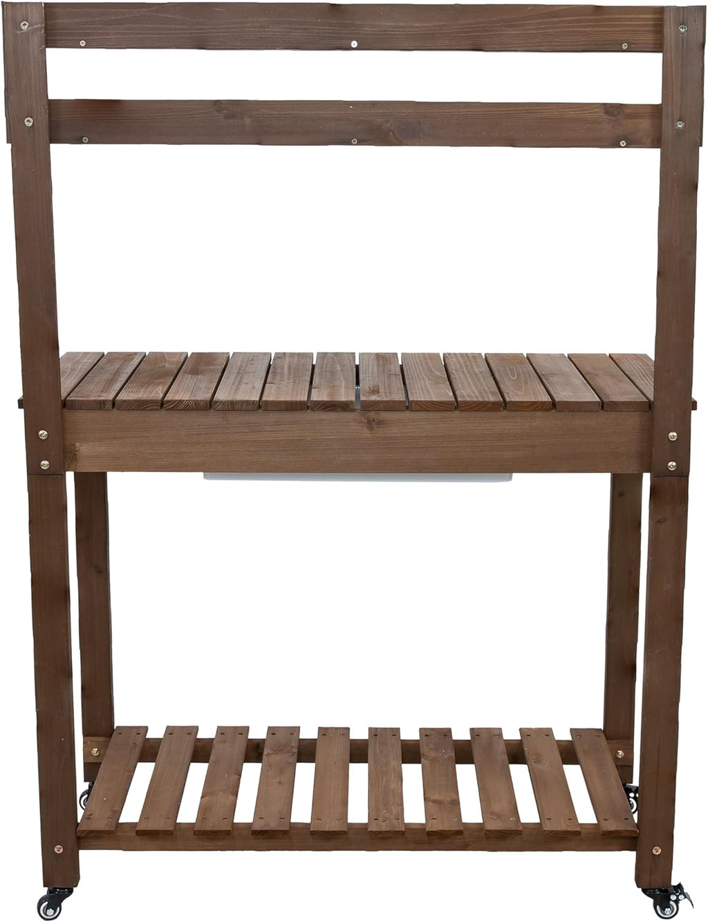 Sunnydaze Wheeled Garden Potting Bench with Sink - Outdoor Potting Table - Garden Table with Planting Station and Hooks - Brown