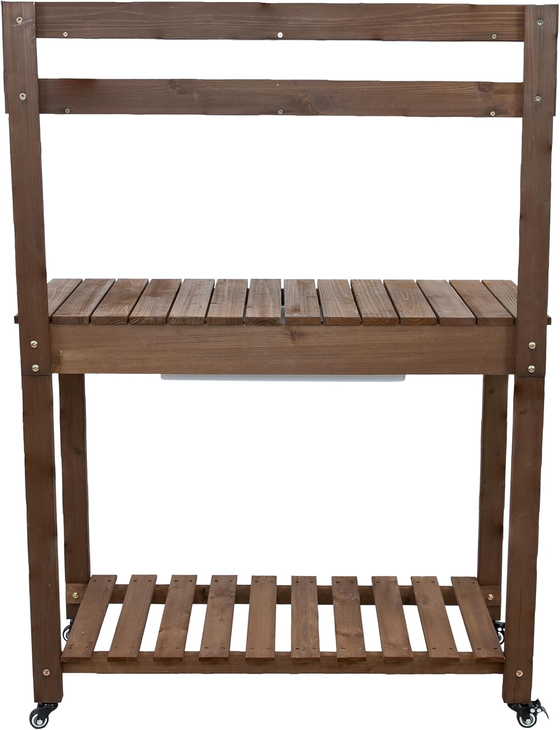 Sunnydaze Wheeled Garden Potting Bench with Sink - Outdoor Potting Table - Garden Table with Planting Station and Hooks - Brown