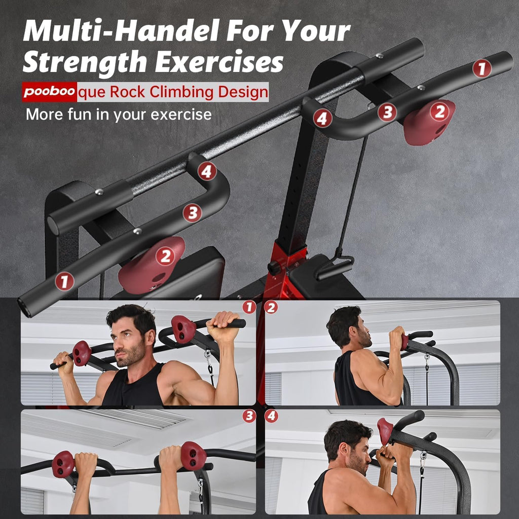 Pooboo Power Tower Dip Station Pull Up Bar for Fitness Home Gym Workout,450 Pounds Multi-Function Adjustable Height Fitness Strength Training Exercise Equipment,with Power Elastic Ropes