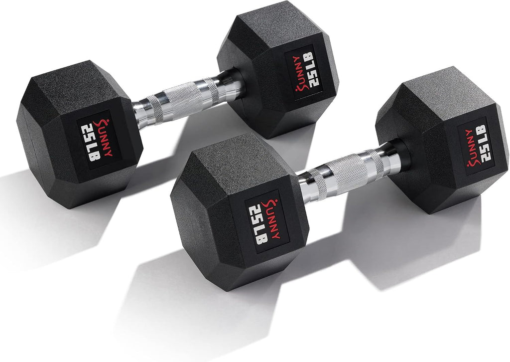 Sunny Health & Fitness Hex Style Dumbbell 5 LBS TO 50 LBS Chrome Handles, Hand Weight for Strength Training, Home Gym, Exercise, Workout Equipment Multiple Size Options
