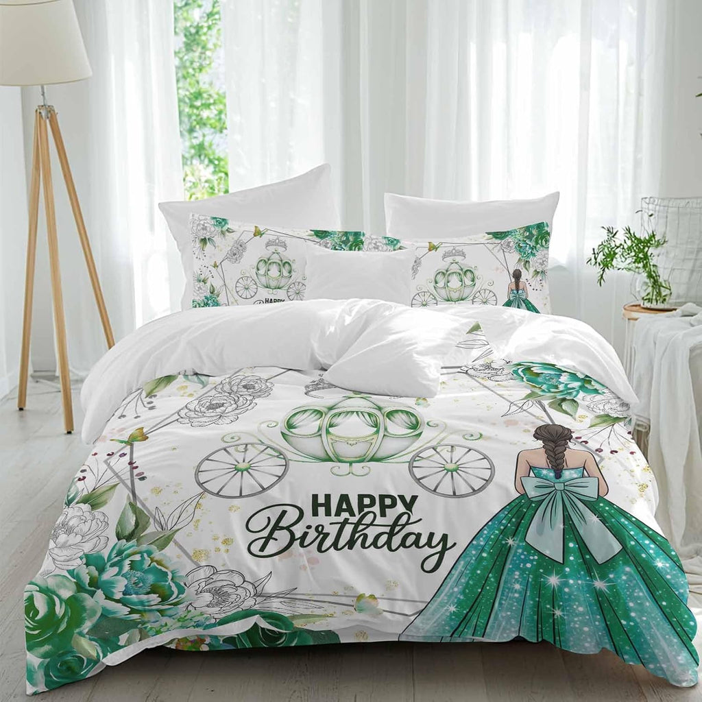 Happy Birthday Duvet Cover Full Size - 4 Pieces Bedding Set, Green Luxury Dress Crown Carriage Flowers Bedding Comforter Covers Zipper Closure, 1 Duvet Covers 1 Fitted Sheet 2 Pillow Shams