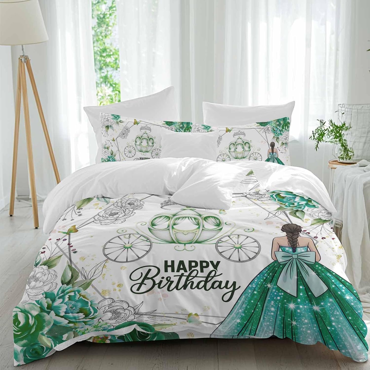 Happy Birthday Duvet Cover Full Size - 4 Pieces Bedding Set, Green Luxury Dress Crown Carriage Flowers Bedding Comforter Covers Zipper Closure, 1 Duvet Covers 1 Fitted Sheet 2 Pillow Shams