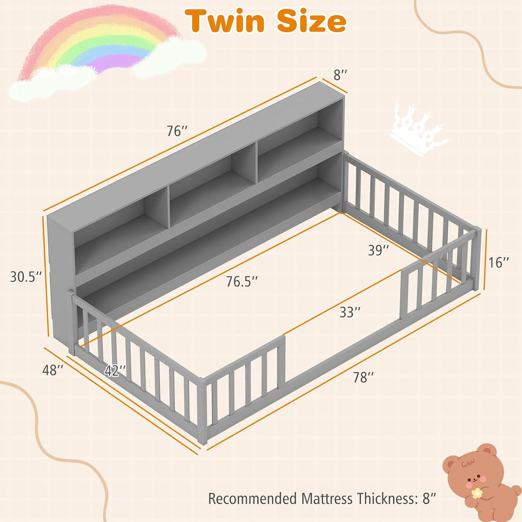 Giantex Twin Floor Bed for Kids, Wooden Montessori Bed Frame with Bookcase, Storage Shelves & Safety Fence Rails, Floor Beds Twin for Girls, Boys, No Box Spring Needed, Without Slats, Grey