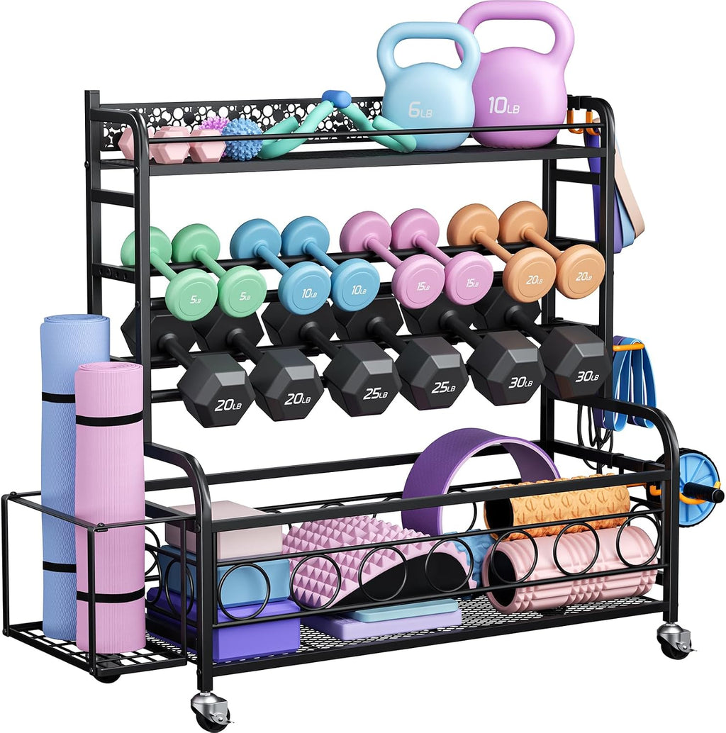 Dumbbell Rack, VOPEAK Adjustable Weight Rack for Home Gym, Home Gym Storage Rack for Yoga Mat Kettlebells and Strength Training Equipment, Weight Storage Rack for Dumbbells with Wheels
