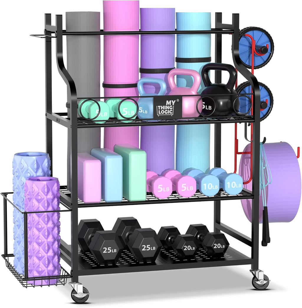 Mythinglogic Yoga Mat Storage Racks,Home Gym Storage Rack for Dumbbells Kettlebells Foam Roller, Yoga Strap and Resistance Bands, Workout Equipment Storage Organizer With Hooks and Wheels