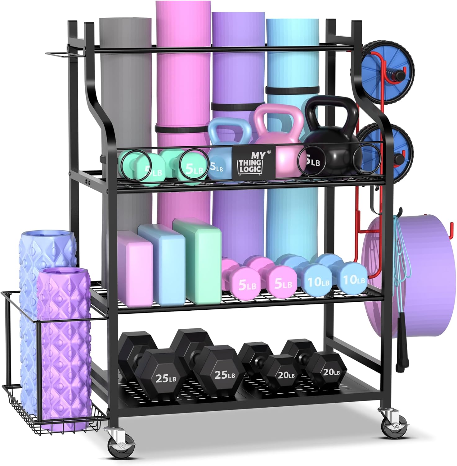 Mythinglogic Yoga Mat Storage Racks,Home Gym Storage Rack for Dumbbells Kettlebells Foam Roller, Yoga Strap and Resistance Bands, Workout Equipment Storage Organizer With Hooks and Wheels