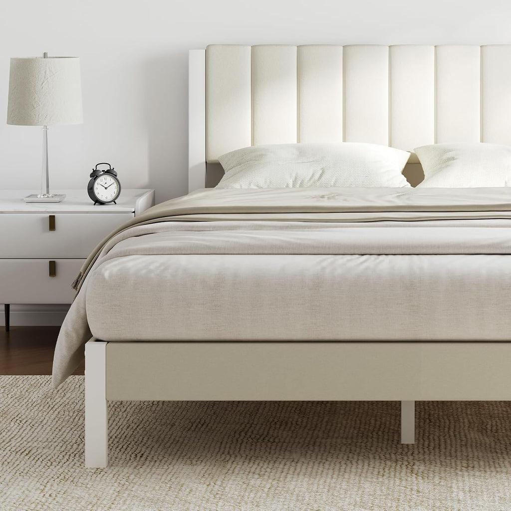 Novilla Twin Bed Frame with Piano Keys Headboard and Footboard, Metal Platform Bed Frames Twin Size, No Box Spring Needed, Easy Assembly, Steel Slats Support, Velvet White