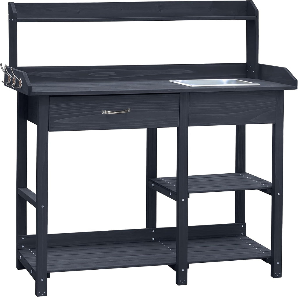 MUPATER Potting Bench Garden Table for Outdoors with Removable Stainless Sink, Planting Work Bench with Storage Shelves and Drawer, Grey