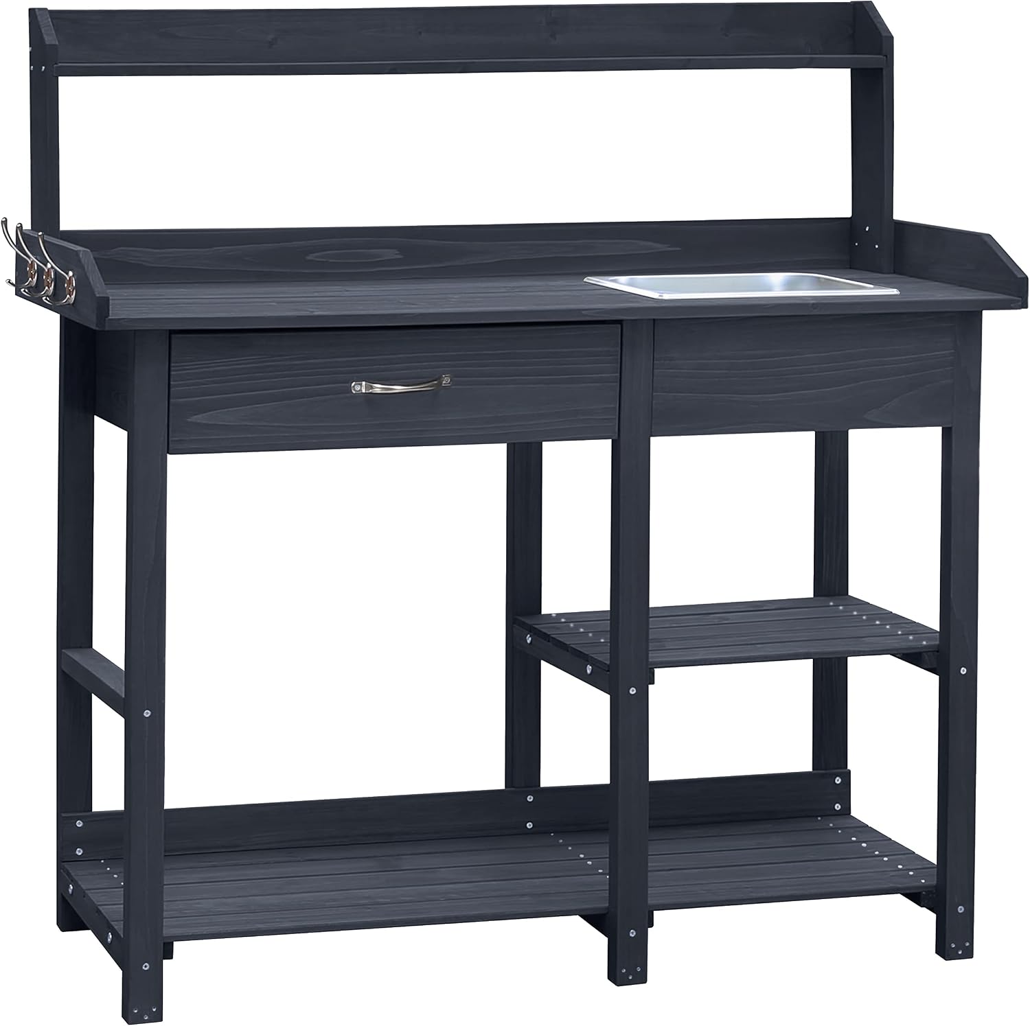 MUPATER Potting Bench Garden Table for Outdoors with Removable Stainless Sink, Planting Work Bench with Storage Shelves and Drawer, Grey