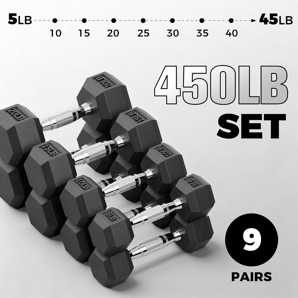 RitFit Rubber Coated Hex Dumbbell Set with Rack, 5-780LB for Home Gym Strength Training, Anti-Slip Knurled Handle, Hexagon Anti-Roll, Heavy-Duty Storage Rack