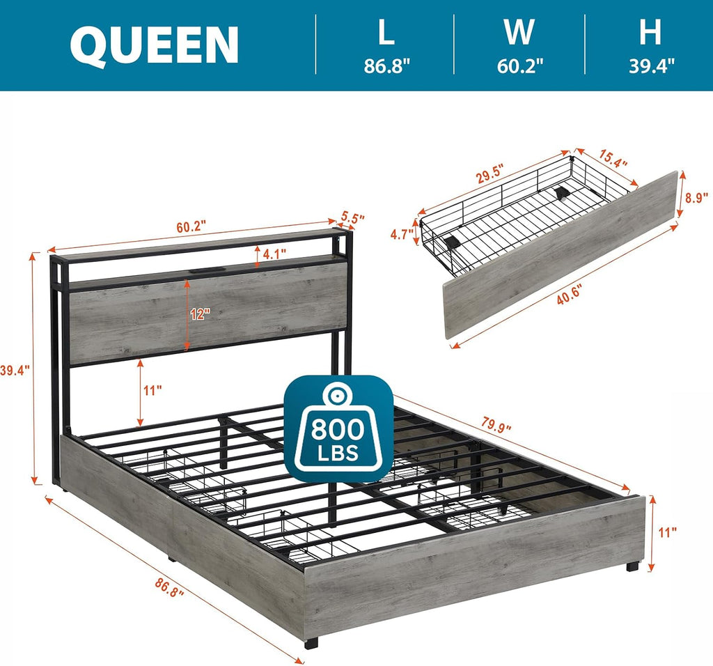 Kiivakii Queen Bed Frame with Headboard, LED Platform Bed Frames with 4 Storage Drawers, Built in Charging Station, Noise Free, Stable and Solid, No Box Spring Needed, Gray