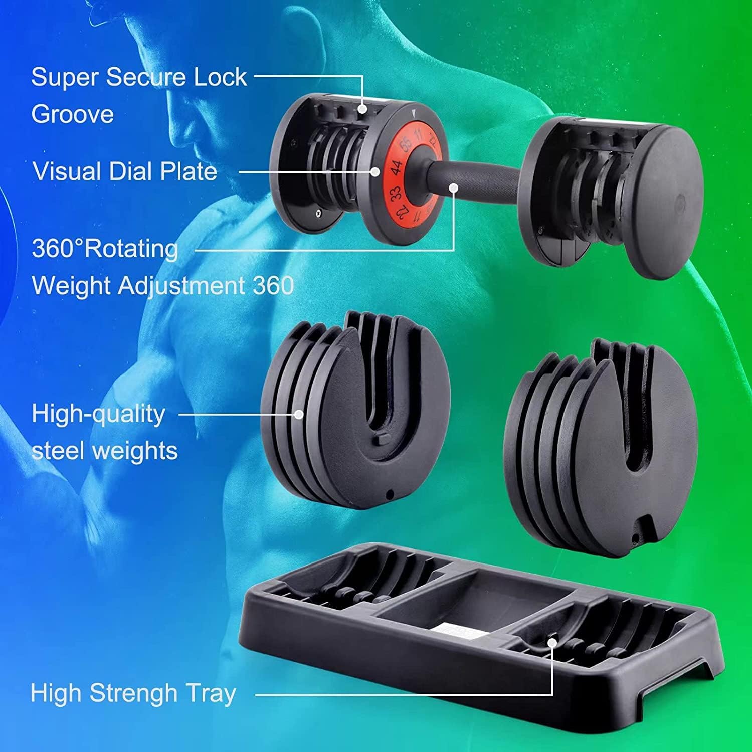 55 lbs Pair Adjustable Dumbbells Set, Adjustable Weights Dumbbells Set for Men and Women with Anti-Slip Fast Adjust Weight by Turning Handle,Black Dumbbell with Tray