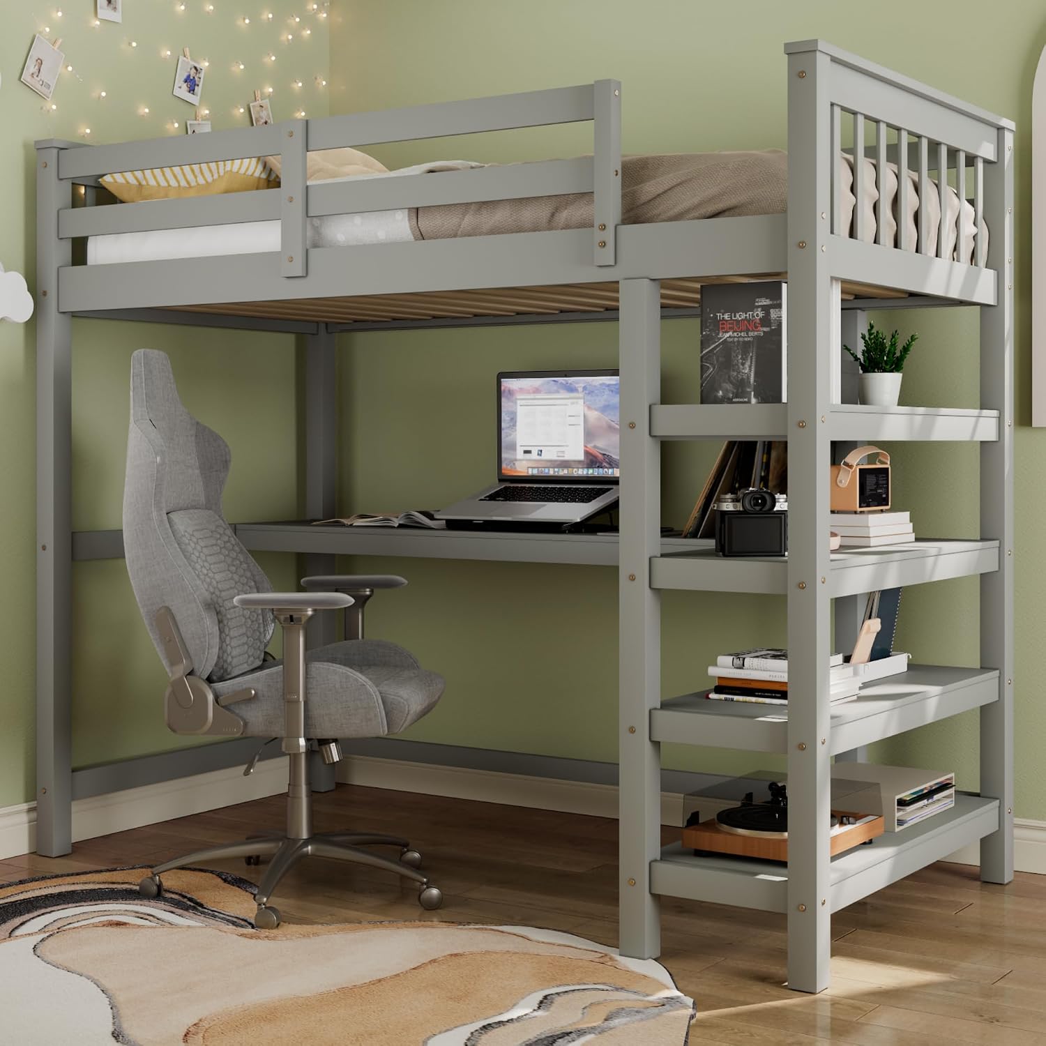 Merax Wood Loft Bed with Desk : Full Size Loft Bed with 4-Storage Shelves and Under Bed Desk Solid Wood Bed, Grey