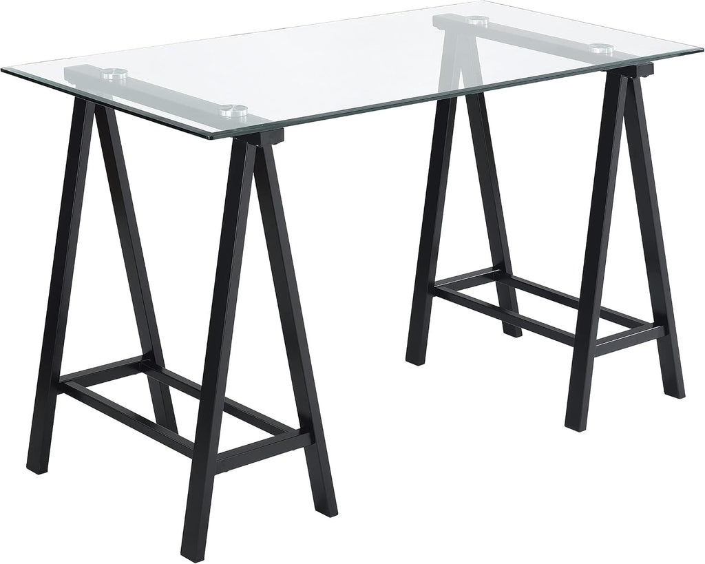 OSP Home Furnishings Middleton 47 Inch Desk with Clear Beveled Glass Top, Black Base