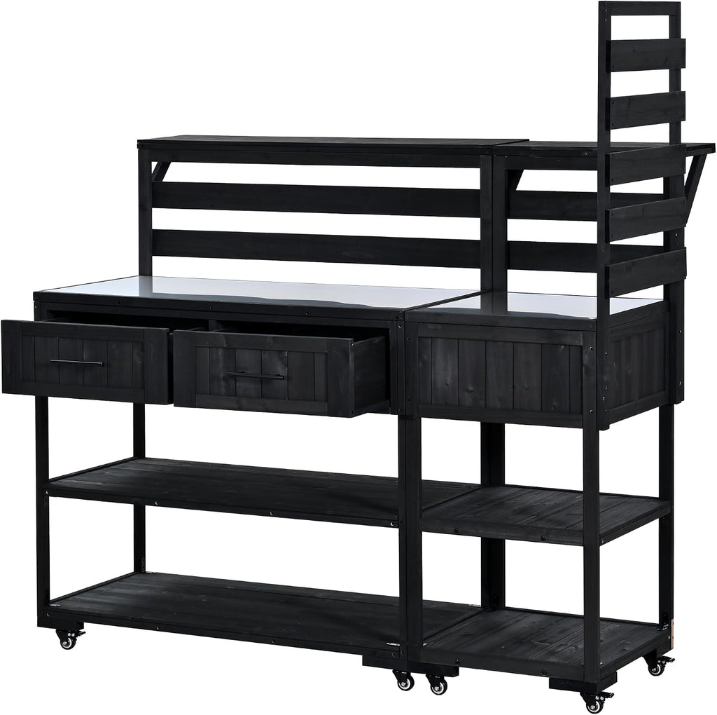 Patio Potting Bench Table with Stainless Table Top, Outdoor Large Garden Workstation on Wheels with Raised Shelf and Drawers for Backyard (Black)