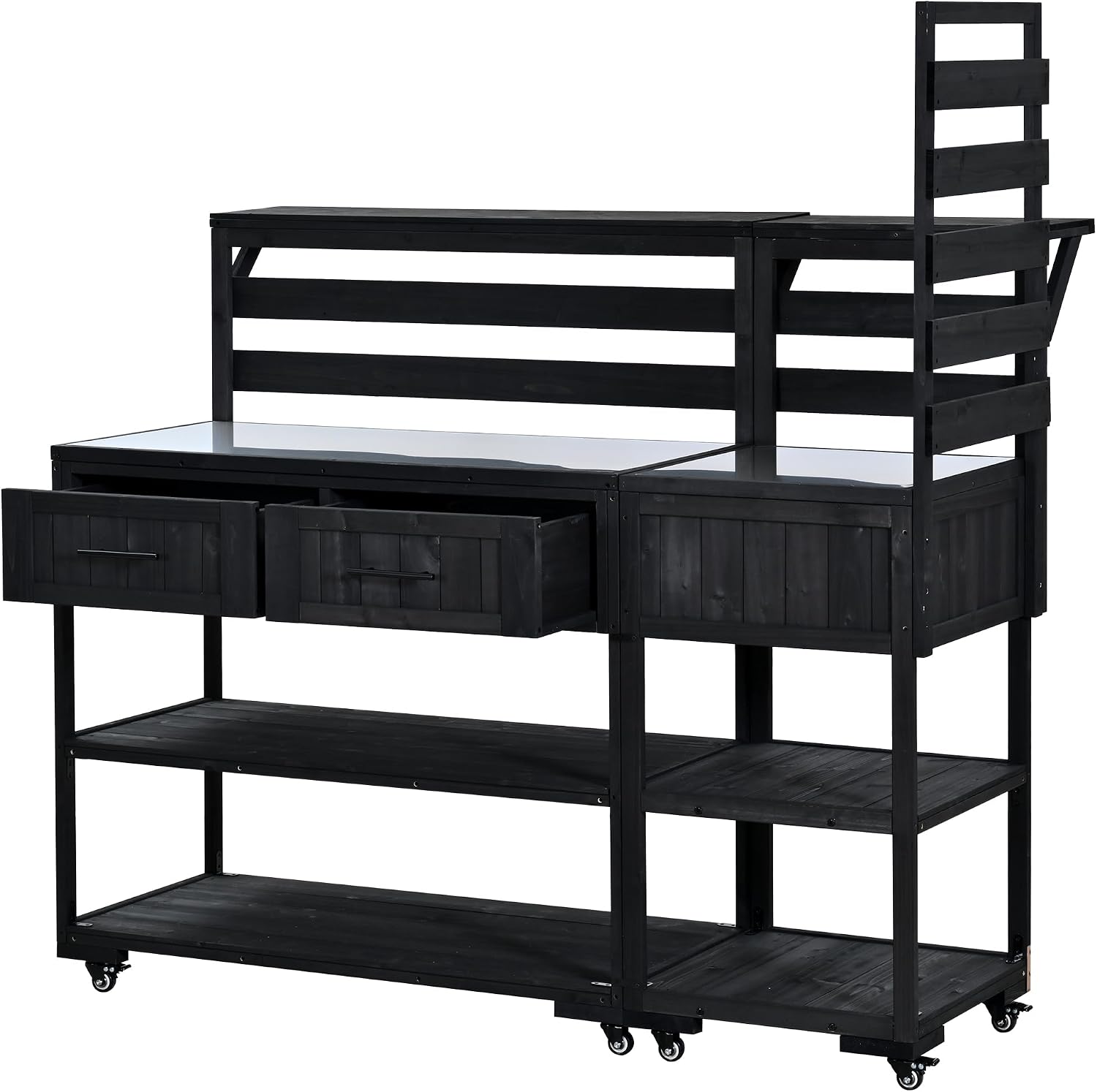 Outdoor Kitchen Island with Stainless Steel Top, 62 in | Fir wood, stainless steel top, raised shelf, modular 2-cart design, lockable wheels, BBQ prep, 62.3 W x 28.6 D x 65 H in