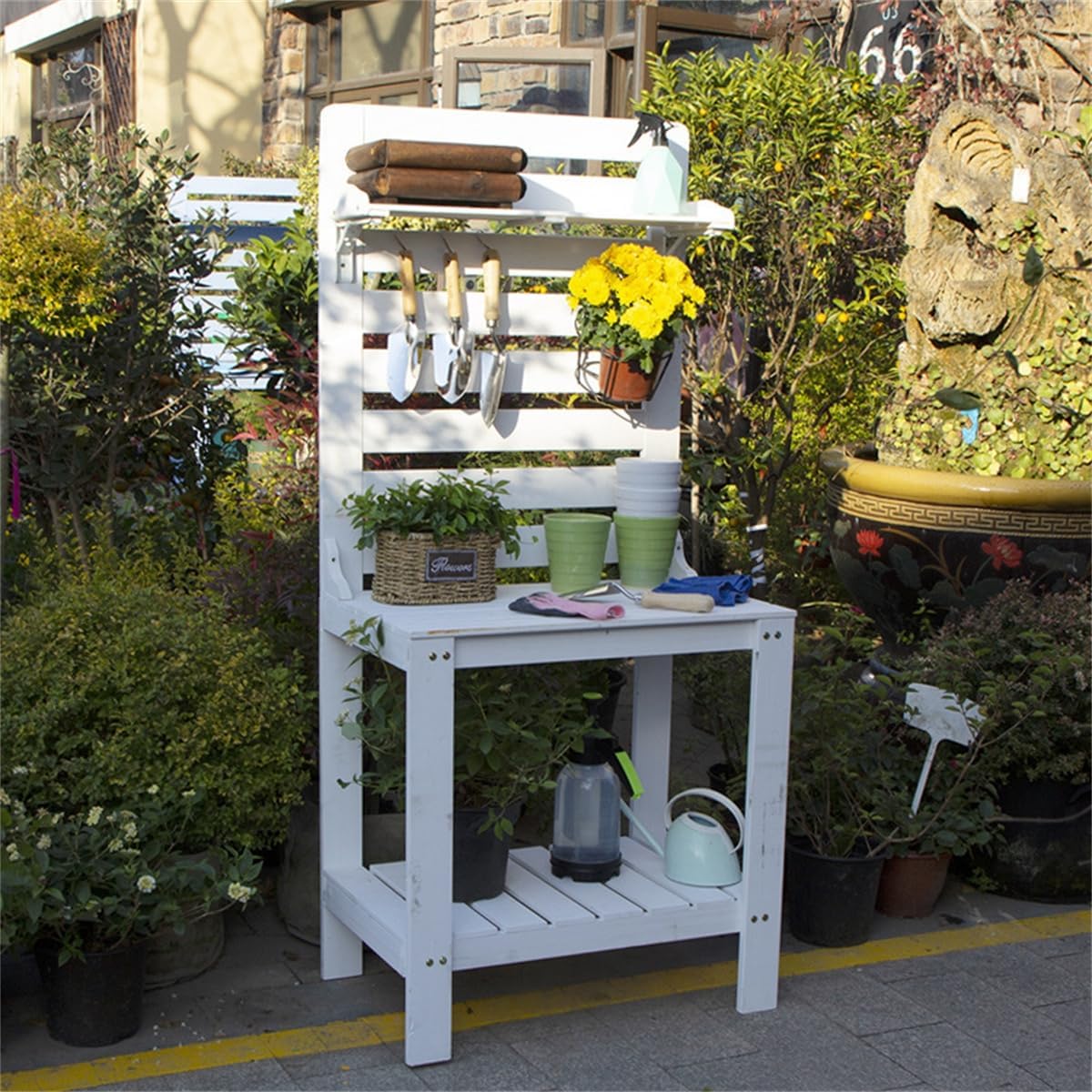 Potting Table Outdoor Potting Bench, Large Outdoor Kitchen Island Prep Station,Balcony Gardening Table,Outdoor Solid Wood Garden Work Bench Station,for Outside All Weather Use,Brown