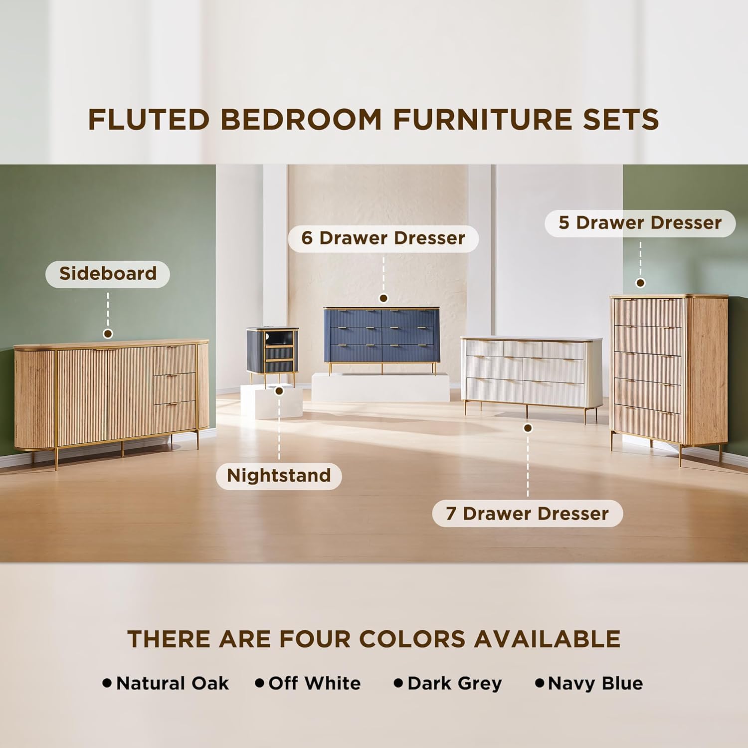 T4TREAM Fluted 5 Drawers Dresser for Bedroom, 48' Tall Modern Dresser Chest of Drawers, Gold Accents, Fluted Fronts, Wood Storage Dressers Organizer for Bedroom, Living Room, Dark Walnut