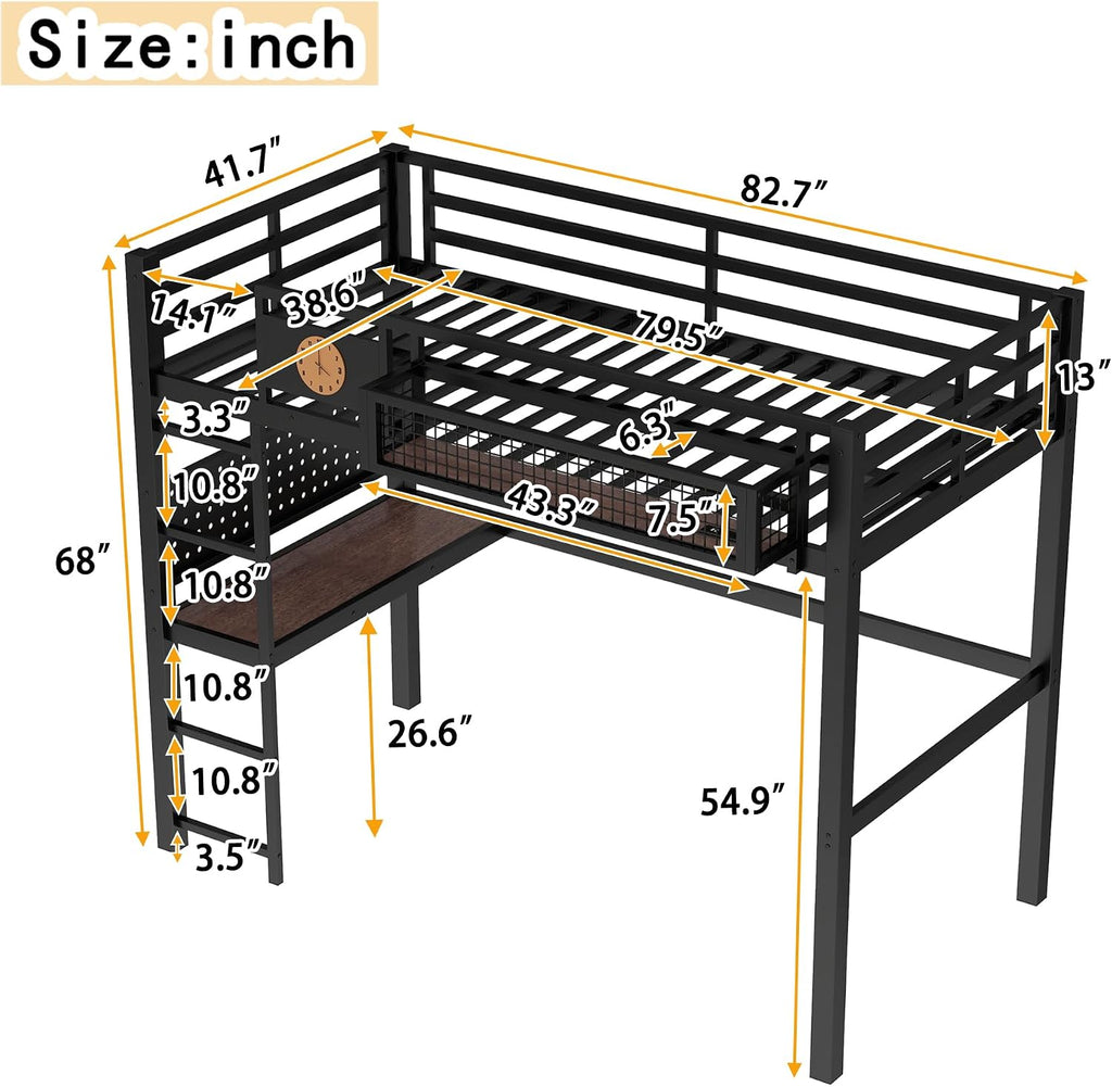 Bellemave Twin XL Size Metal Loft Bed with Desk and Side Clock,Heavy Duty Loft Bed Frame with Charging Station and Pegboard for Kids,Teens,Adults,Twin XL Size,Black