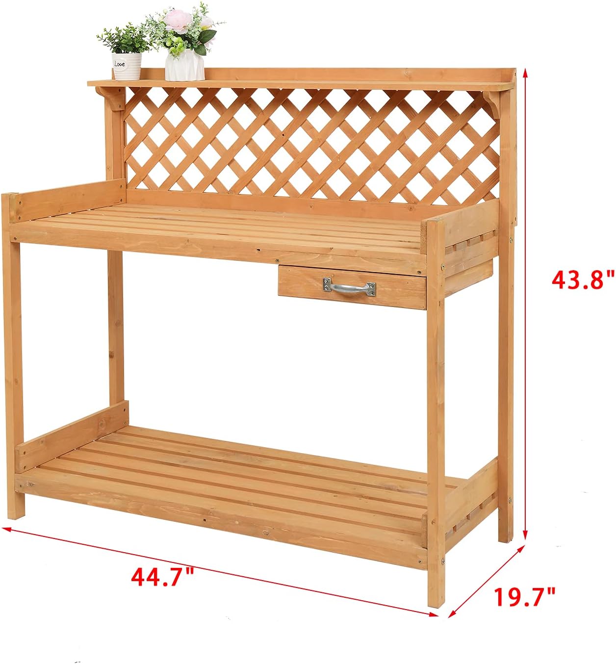 Outdoor Garden Potting Bench, Wooden Workstation Table w/Cabinet Drawer, Open Shelf, Lower Storage