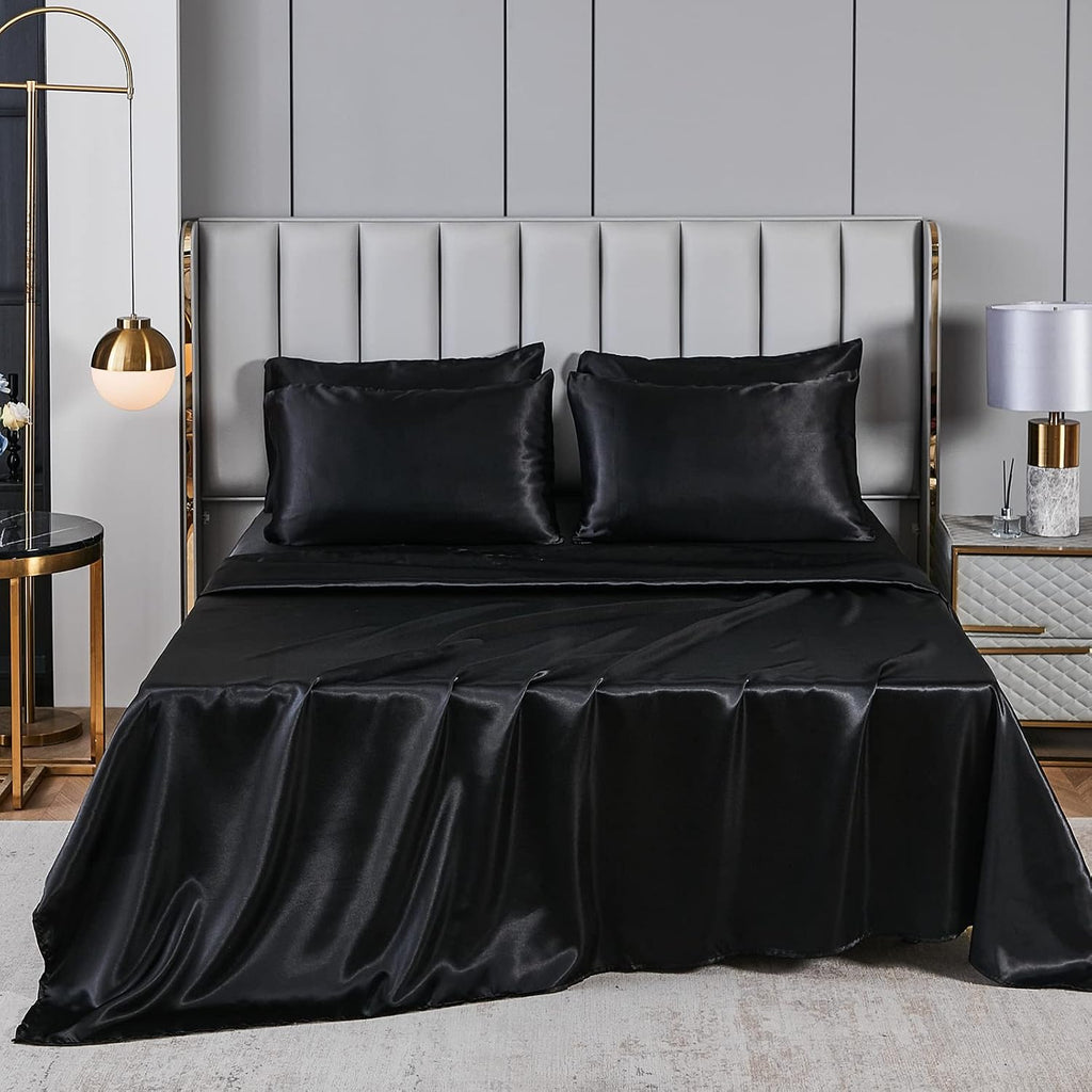 Herside Black Satin Comforter Set 7 Pieces King Size Bed in a Bag Luxurious Satin Bedding Set with Comforter Pillowcases and Sheets Sets Mini Pompoms Design Super Soft Silky Bed Set for All Seasons