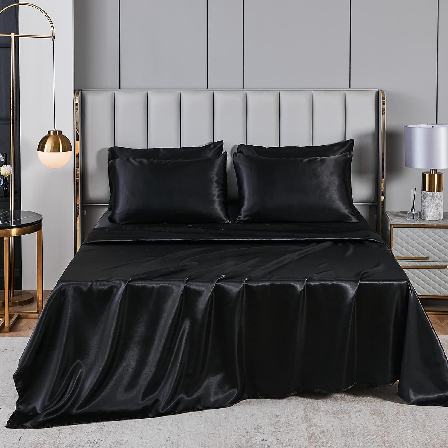 Herside Black Satin Comforter Set 7 Pieces King Size Bed in a Bag Luxurious Satin Bedding Set with Comforter Pillowcases and Sheets Sets Mini Pompoms Design Super Soft Silky Bed Set for All Seasons
