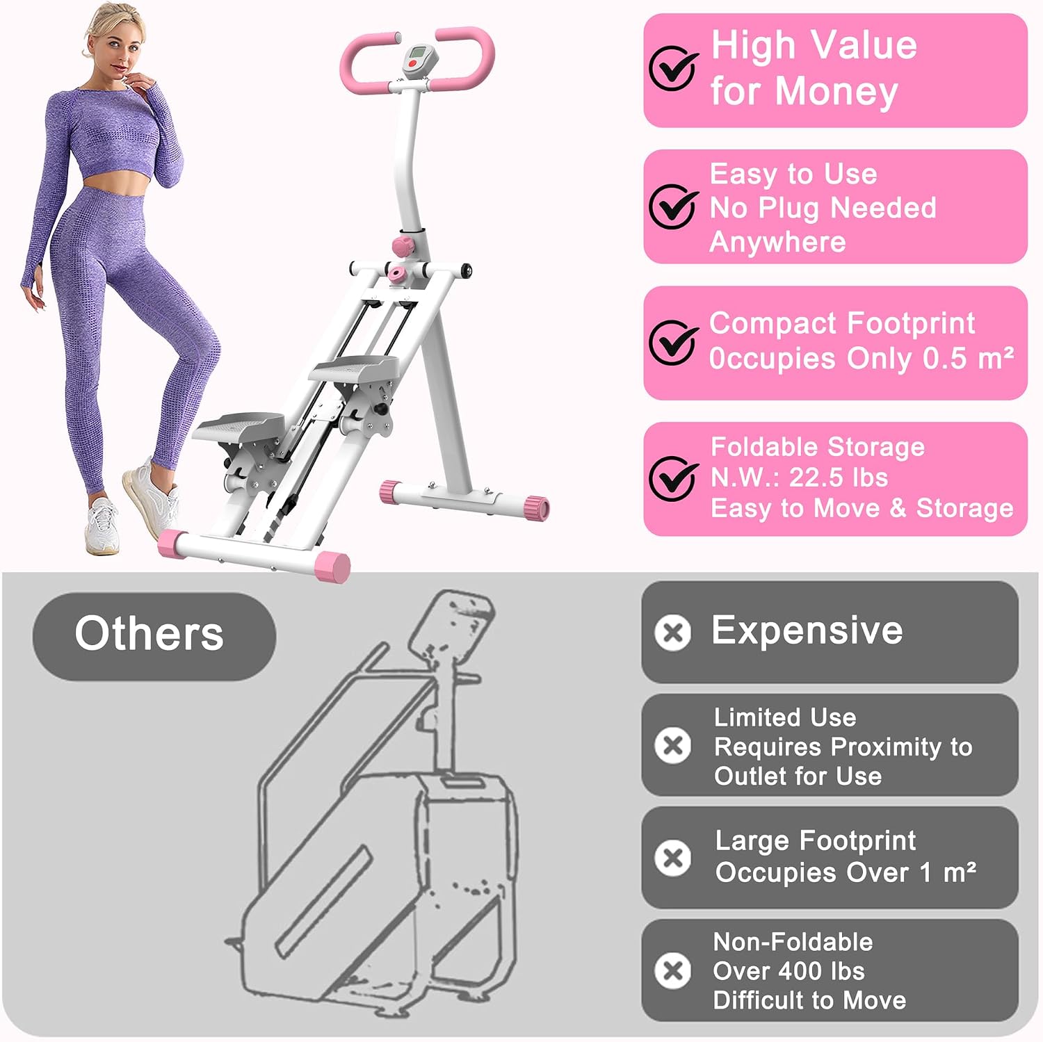 Stair Stepper for Home, 265lbs Vertical Climber Machine for Full-Body Exercise, Resistance Home-Upgrade Climber Fitness Equipment with Stable Frame Adjustable Handlebar for Women Men, Pink