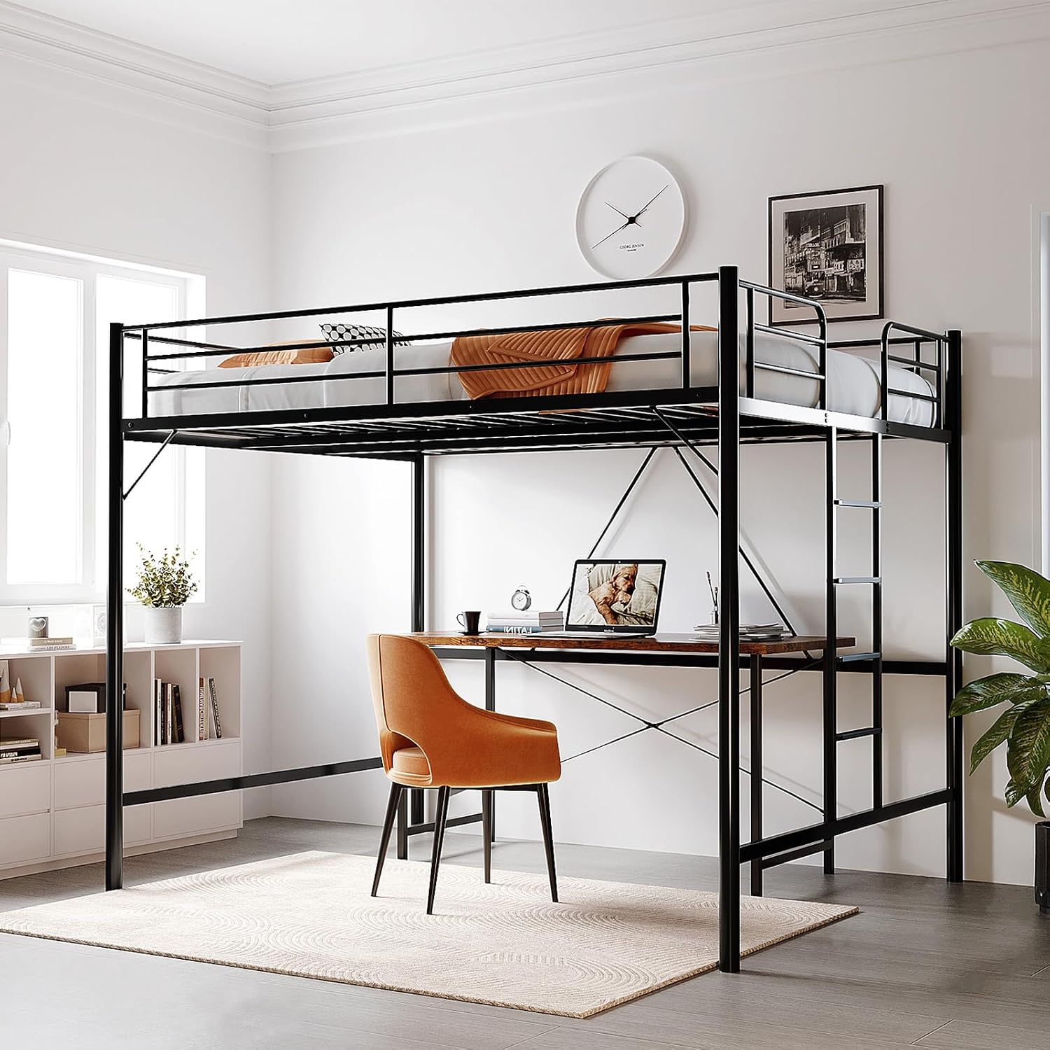 VINGLI Queen Loft Bed with Flat Rungs for Adults, Kids and Young Teens, No Box Spring Required,Heavy Duty Metal Slat Support, Black