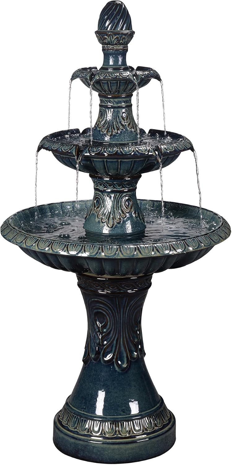 3 Tier Ceramic Fountain - Serene Blue Beauty, No Lights