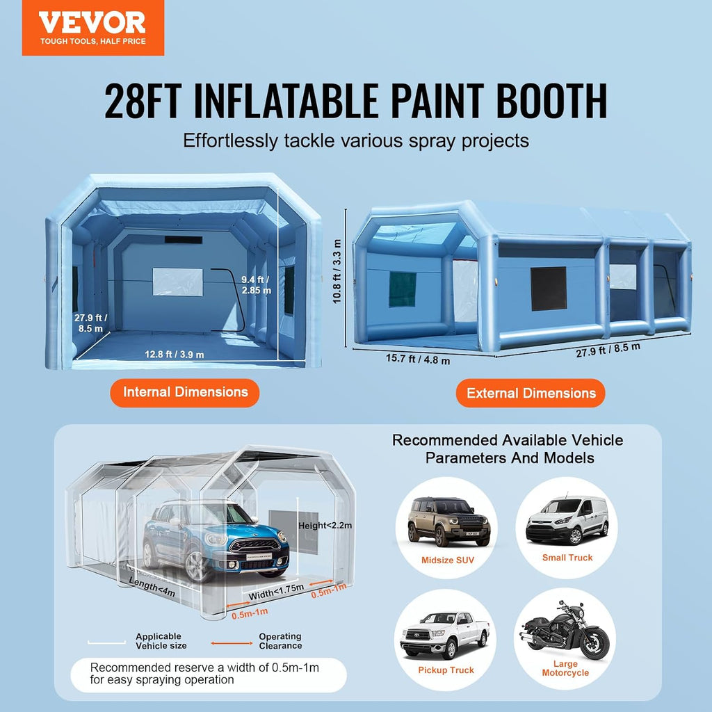 VEVOR Inflatable Paint Booth, 27.9 x 15.7 x 10.8 ft Inflatable Spray Booth, Portable Car Paint Booth for Small Truck, with 950W+750W Powerful Blowers and Air Filter System, Large Motorcycle, Midsize S