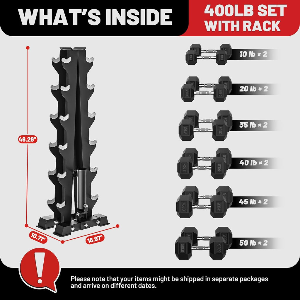 PAPABABE Hex Dumbbell Set with Rack, 85-560lb Rubber Encased Dumbbell Free Weights Dumbbells Set with Storage Rack, Hand Weights Set for Strength Training