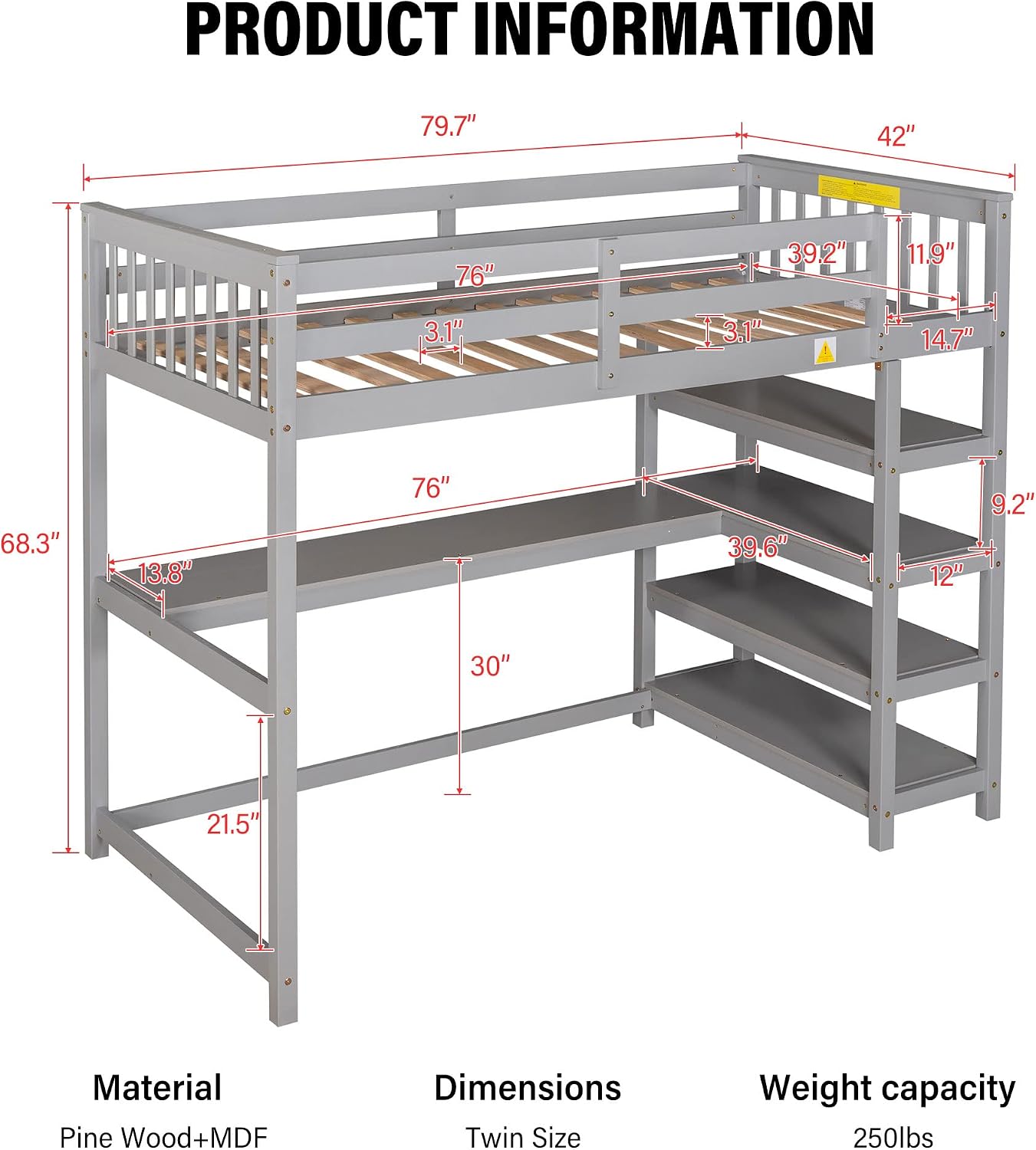 Merax Wood Loft Bed with Desk : Twin Size Loft Bed with 4-Storage Shelves and Under Bed Desk Solid Wood Bed, Grey