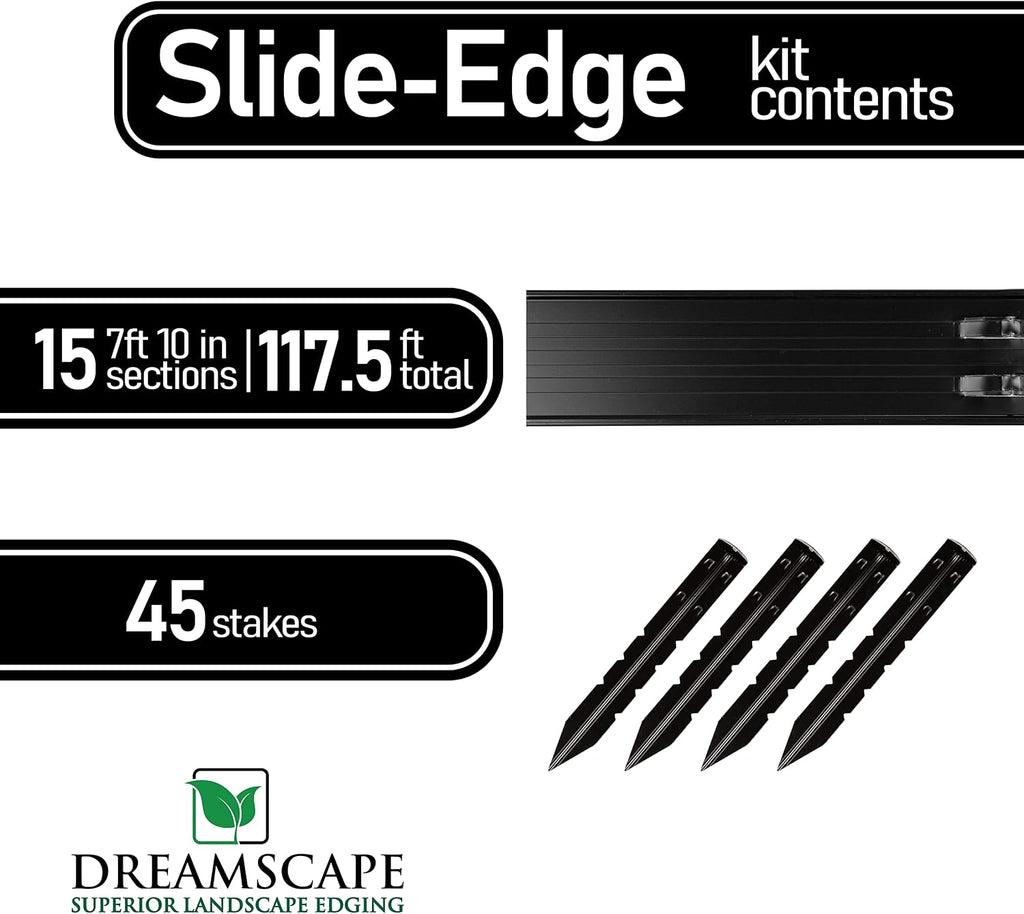 Dreamscape SlideEdge Aluminum Landscape Edging - 15 Strips, 7'10'ft Each (117.5ft Total), Black Paint - Professional Quality Landscaping Border, Metal Divider for Lawn, Garden, Flowerbed