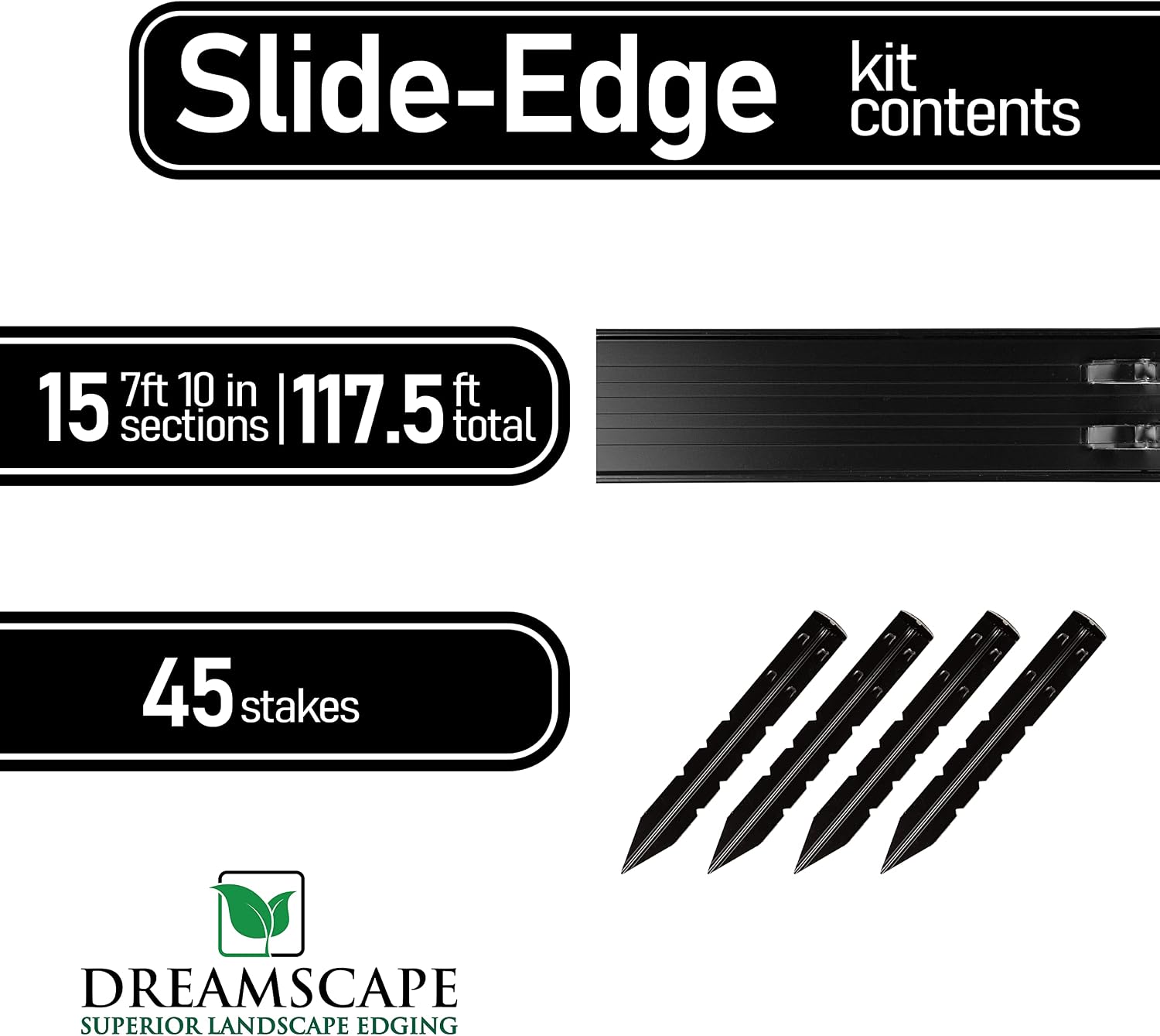 Dreamscape SlideEdge Aluminum Landscape Edging - 15 Strips, 7'10'ft Each (117.5ft Total), Black Paint - Professional Quality Landscaping Border, Metal Divider for Lawn, Garden, Flowerbed