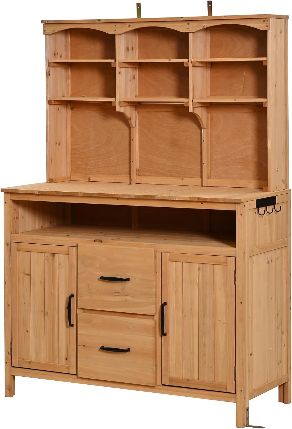 Outdoor Potting Bench Table with Large Countertop and Hutch, Freestanding Garden Workstation with Cabinets, Drawers and Hooks for Backyard (Natural Wood)