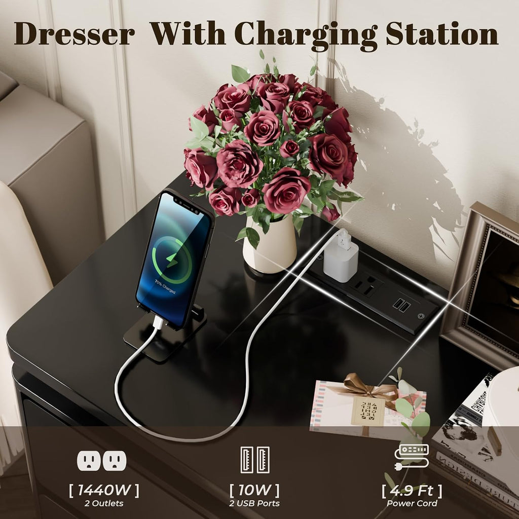 9 Drawer Dresser for Bedroom, 63' Long Black Chest of Drawers with Charging Station & LED Lights, Curved Anti-Collision Design,Wooden Closet Storage Cabinet,Modern Dresser TV Stand with Deep Drawers