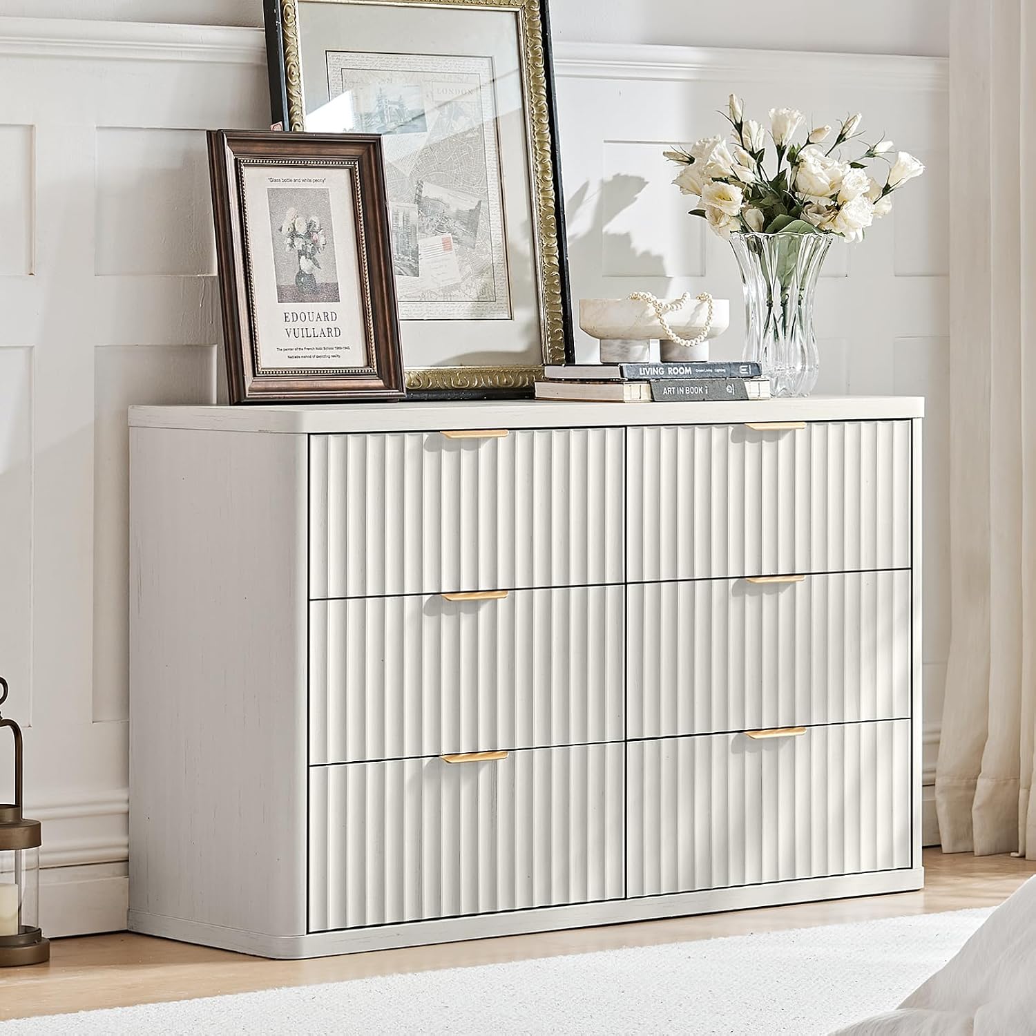 LEYAOYAO Fluted Dresser and 2 Drawers Nightstand Set of 2, Wood 48' Wide Dresser & 23' Night Stand with Charging Station, 3 Piece Bedroom Furniture Set, Chest of Drawers for Living Room,Antique White