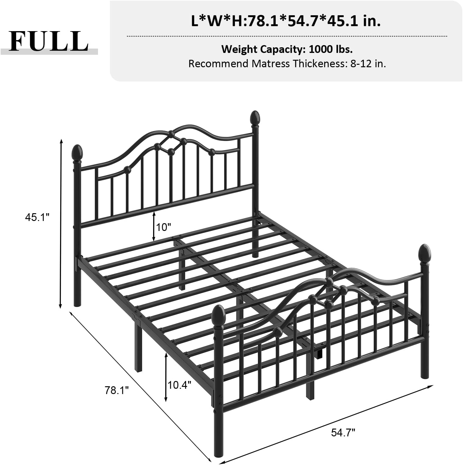 LOEWAY Full Metal Bed Frame with Classical Headboard and Footboard, Platform Bed Frame with Sturdy Metal Slats Support, Adequate Under Bed Storage, No Box Spring Needed, Easy Assembly, Black