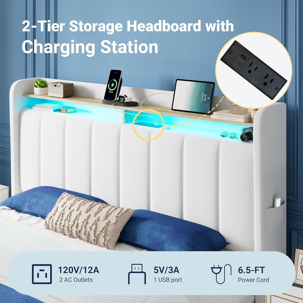 Allewie Velvet Vertical Tufted Full Size Upholstered Platform Bed Frame with 2-Tier LED Storage Headboard & 2 Storage Drawers, USB & Type-C Charging Ports, Noise-Free/No Box Spring Needed, White