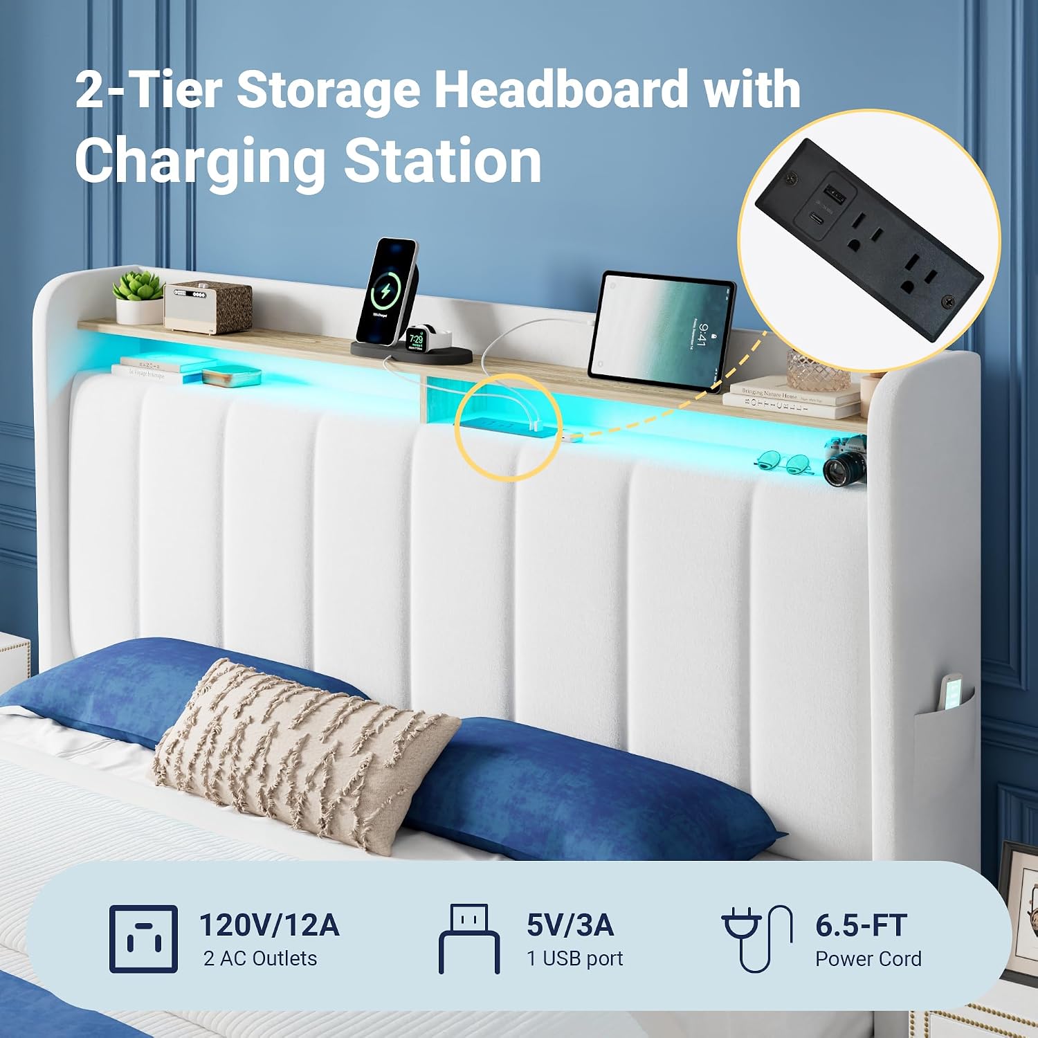 Allewie Velvet Vertical Tufted Queen Upholstered Platform Bed Frame with 2-Tier LED Storage Headboard & 2 Storage Drawers, USB & Type-C Charging Ports, Noise-Free/No Box Spring Needed, White