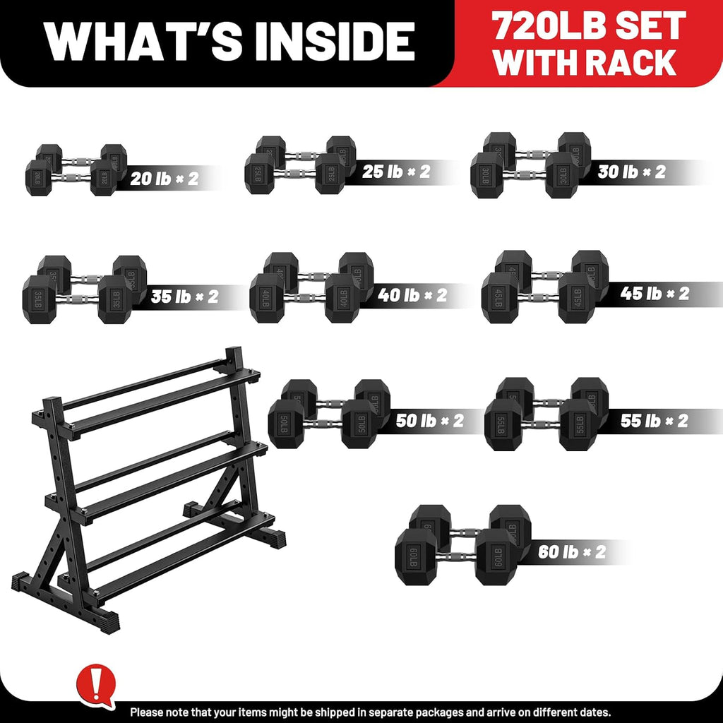 PAPABABE Hex Dumbbell Set with Rack, Rubber Encased Free Weight with Weight Storage Racks, Multiple Weight Options for Home Gym and Fitness