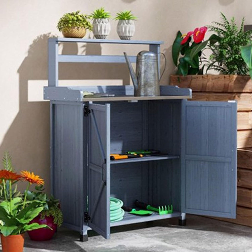 Garden Potting Bench Table with Storage Cabinet and Metal-Plated Tabletop, Top Shelves, Non-Slip Foot Mats, All-Weather Outdoor Potting Bench Work Station for Outside Lawn Patio